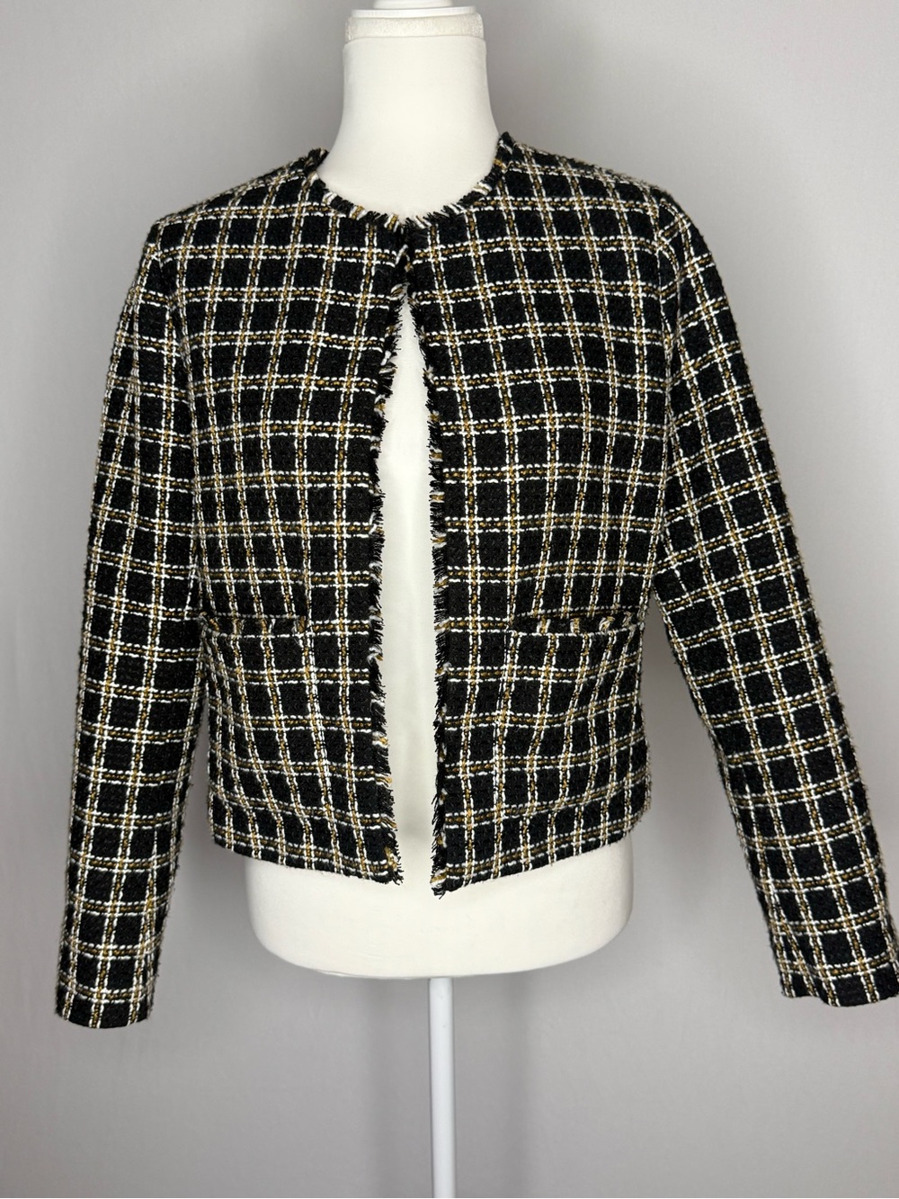 LOFT Black White and Gold Tweed Fringe Open-Front Jacket